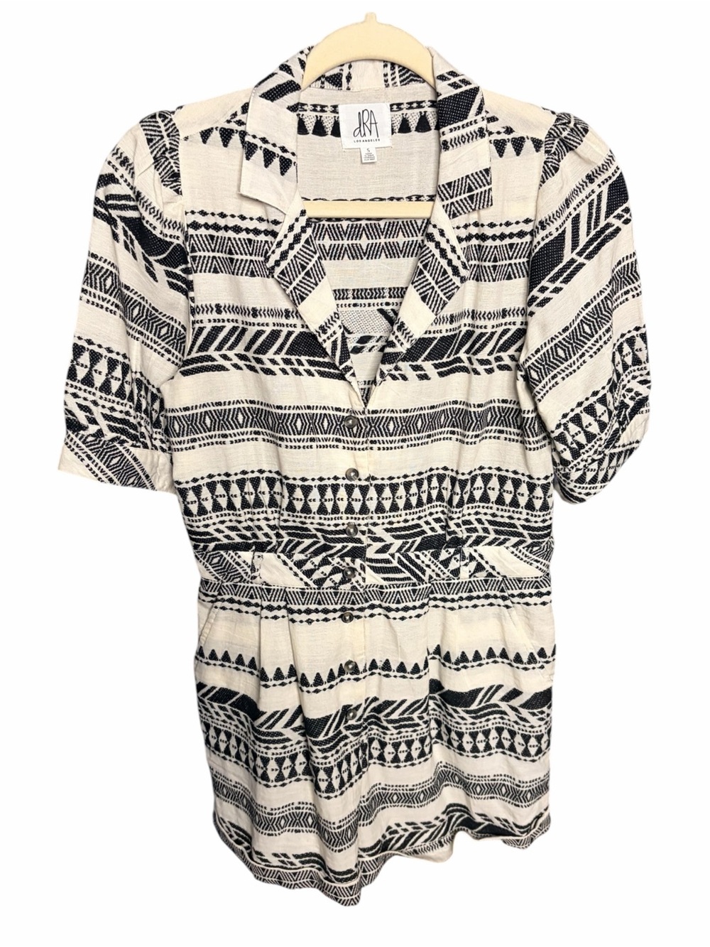 dRA Anthropologie Black & Cream Aztec-Pattern Short Sleeve Romper